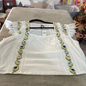 Anthropologie White Square-Neck Blouse with Multicolor Floral Embroidery